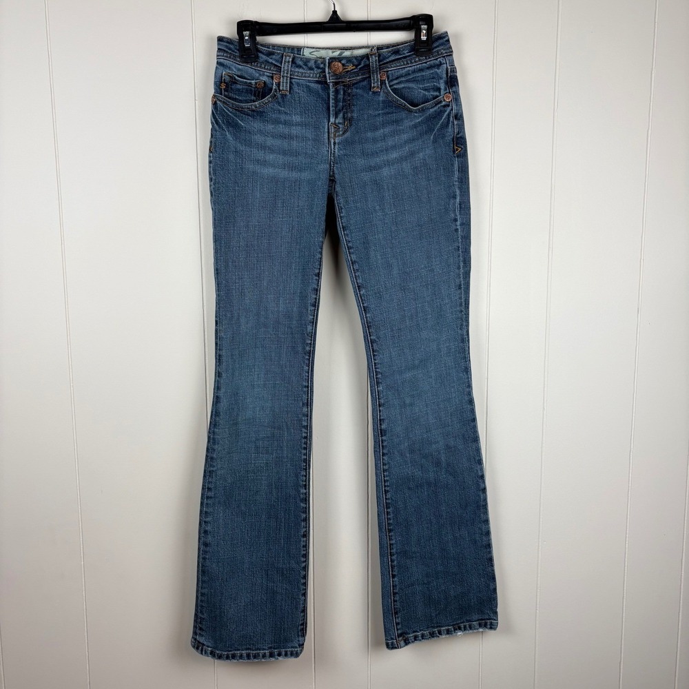 Seven7 Womens Bootcut Jeans Medium Wash Blue Low Rise Distressed Denim Flare